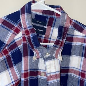 Blue red white button down office shirt